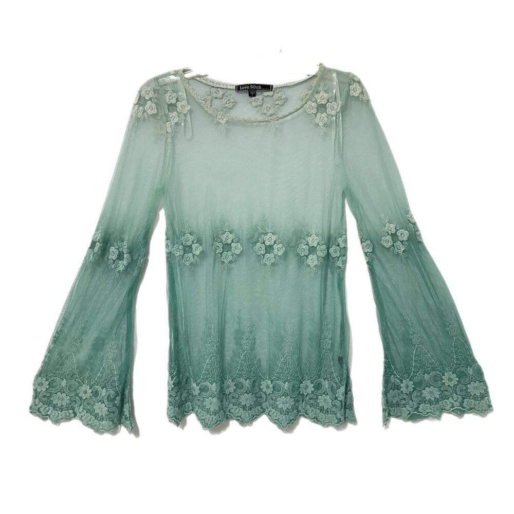 Love Stitch Whimsical Women’s Long Sleeve Sheer Blouse Top S Embroidered Fairy